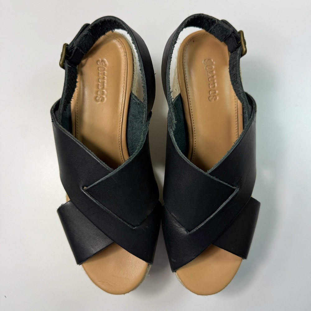 Soludos Womens Size 6 Amalfi Platform Espadrille Sandal Heels Black Leather